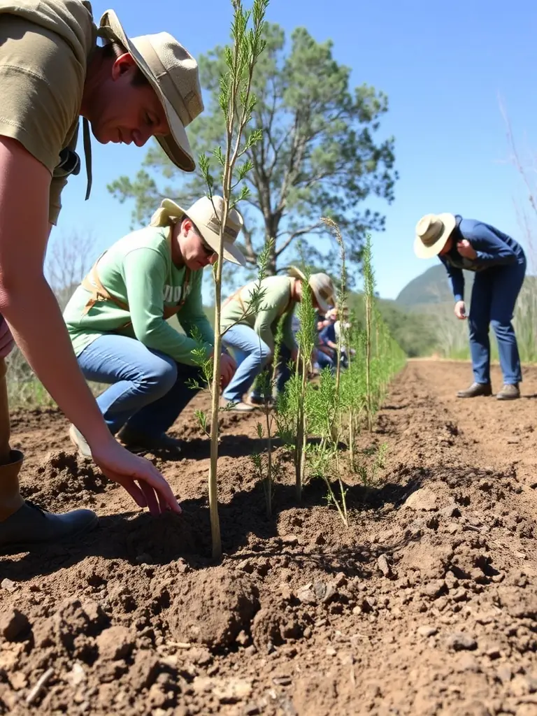 A photograph showing volunteers planting native trees and shrubs as part of a habitat restoration project organized by ASSOCIATION COMMUNALE DE CHASSE AGREEE DE GOURDIEGES.