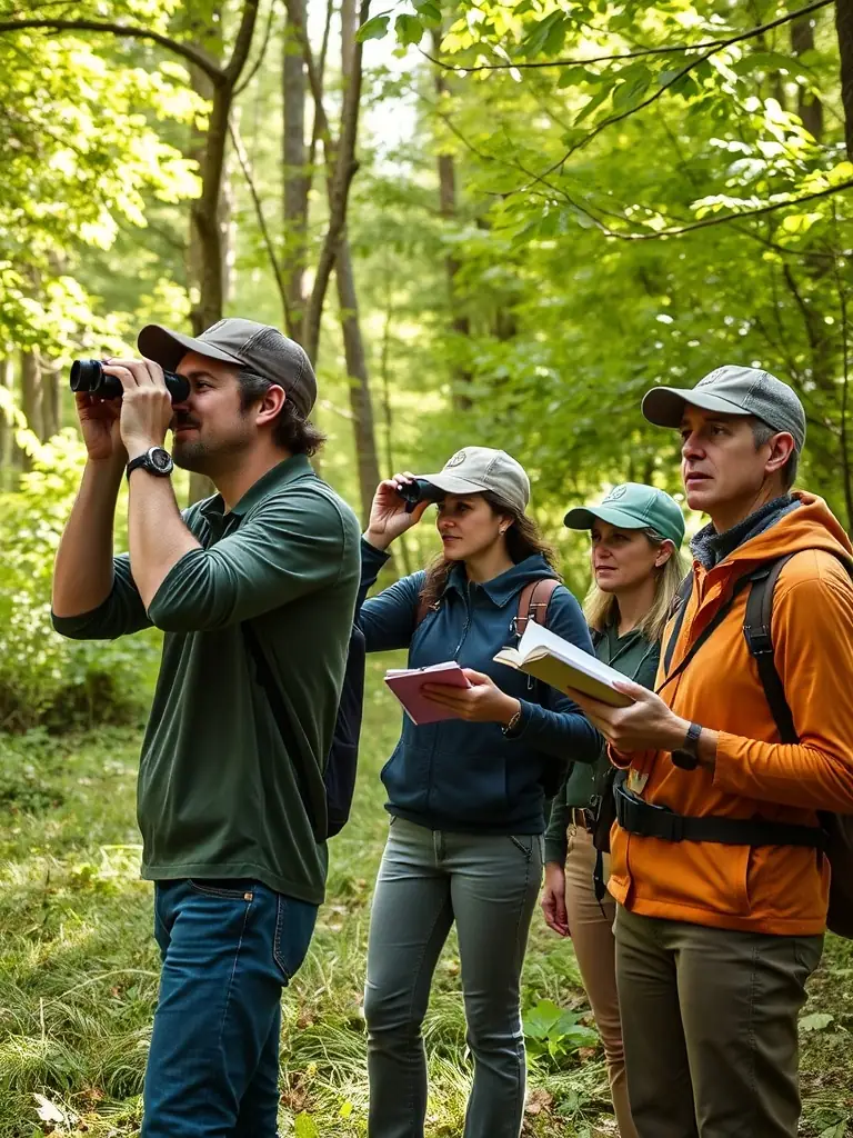 A photograph depicting a group of association members participating in a wildlife census in the Gourdieges area, using binoculars and notebooks to record observations.