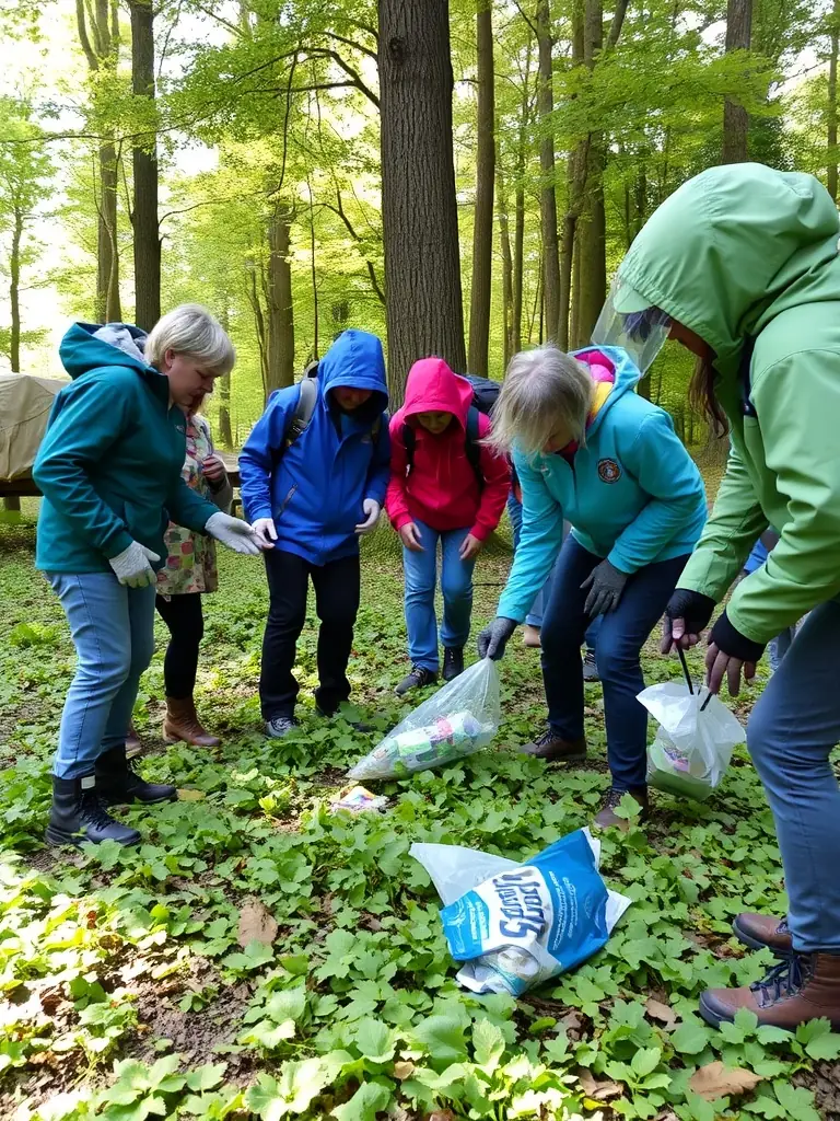 A photograph of members of ASSOCIATION COMMUNALE DE CHASSE AGREEE DE GOURDIEGES cleaning up a local forest area, removing litter and debris.