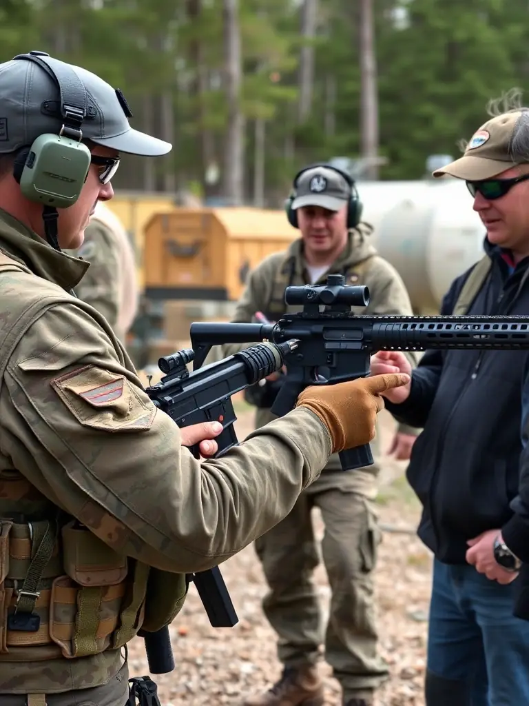 A photograph of association members leading a workshop on responsible hunting practices for local youth, demonstrating safe firearm handling and ethical hunting techniques.