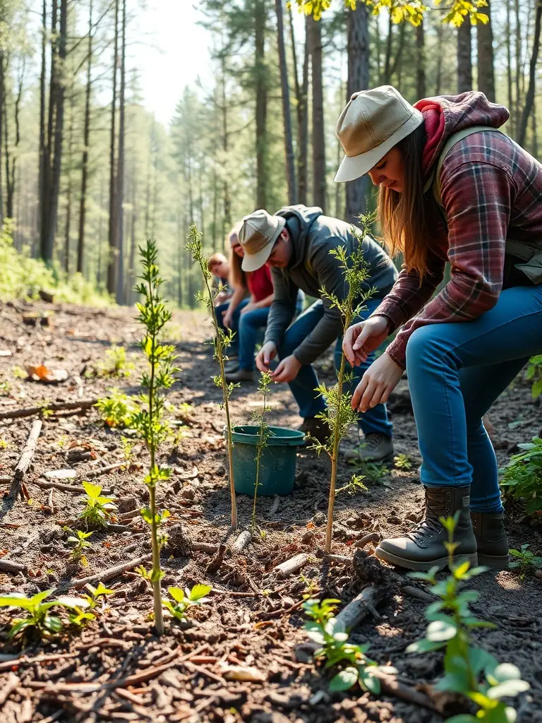 A photograph of association members conducting a habitat restoration project, planting native trees and shrubs to improve biodiversity.