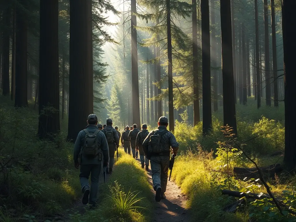 A photograph illustrating a group of hunters participating in a training session on sustainable hunting practices, emphasizing the association's commitment to responsible hunting.