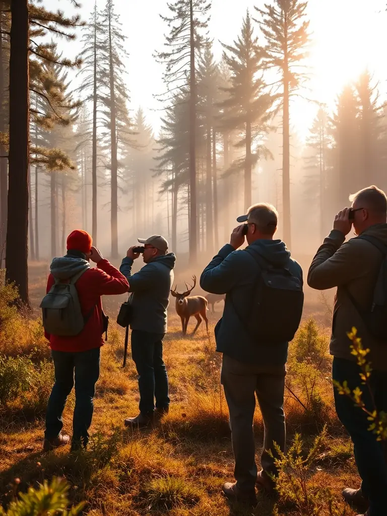 A photograph depicting members of ASSOCIATION COMMUNALE DE CHASSE AGREEE DE GOURDIEGES participating in a wildlife census, counting deer in a field during early morning.
