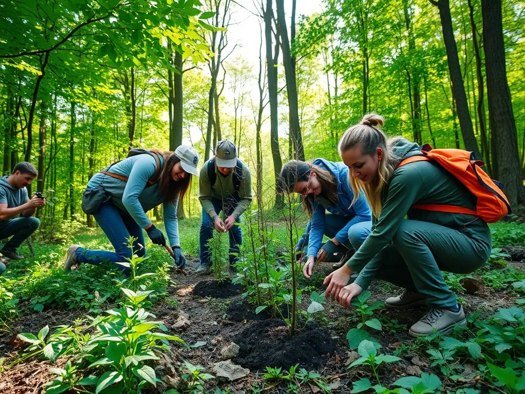 A photograph depicting volunteers planting native trees in a deforested area, illustrating habitat restoration efforts.