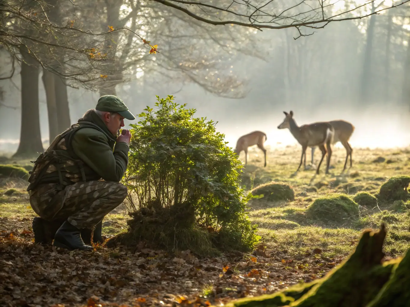 A photograph showing a wildlife biologist monitoring a local deer population, emphasizing sustainable hunting practices.