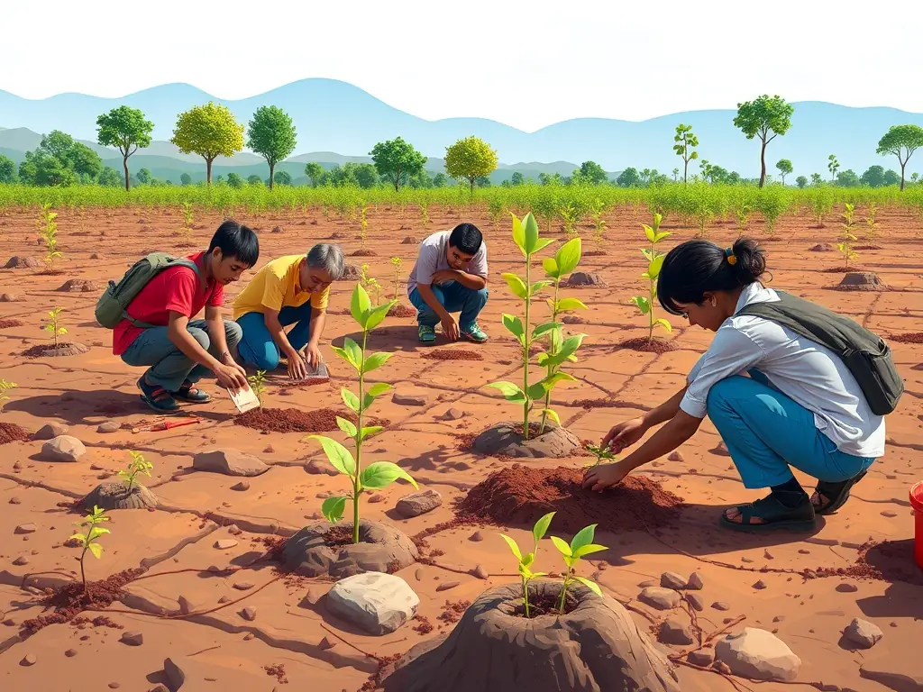A photograph depicting volunteers planting trees in a deforested area, symbolizing habitat restoration efforts by the association.