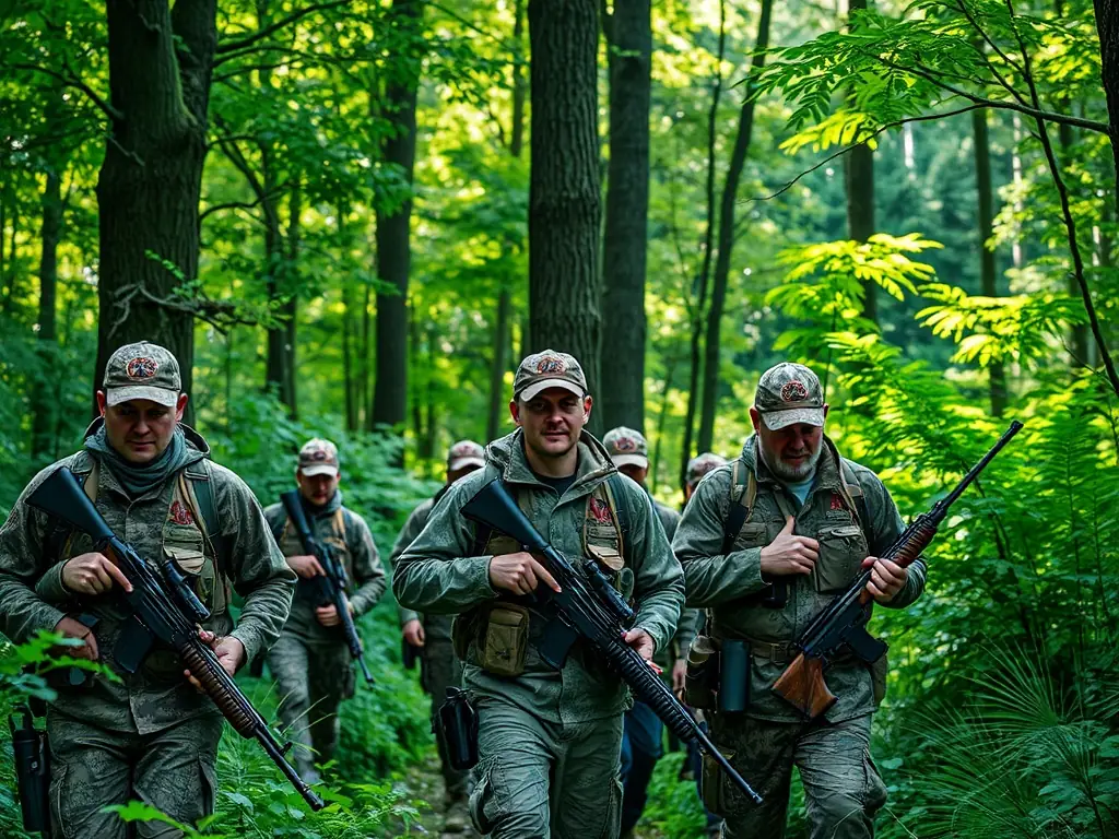 Hunters attending a local hunting event, showcasing community engagement and responsible hunting practices, with a focus on sustainable wildlife management.