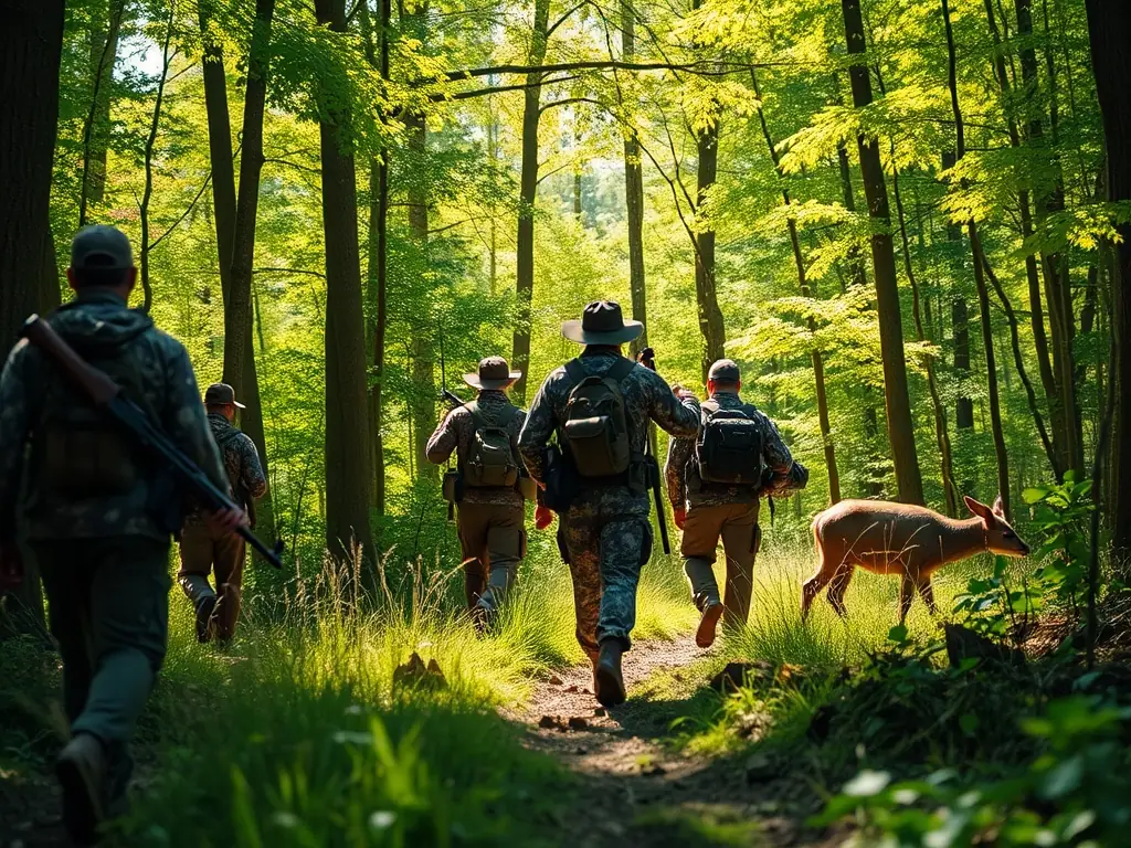 A group of hunters participating in a training session in a forest, focusing on safe hunting practices and wildlife identification, under the guidance of an experienced instructor.
