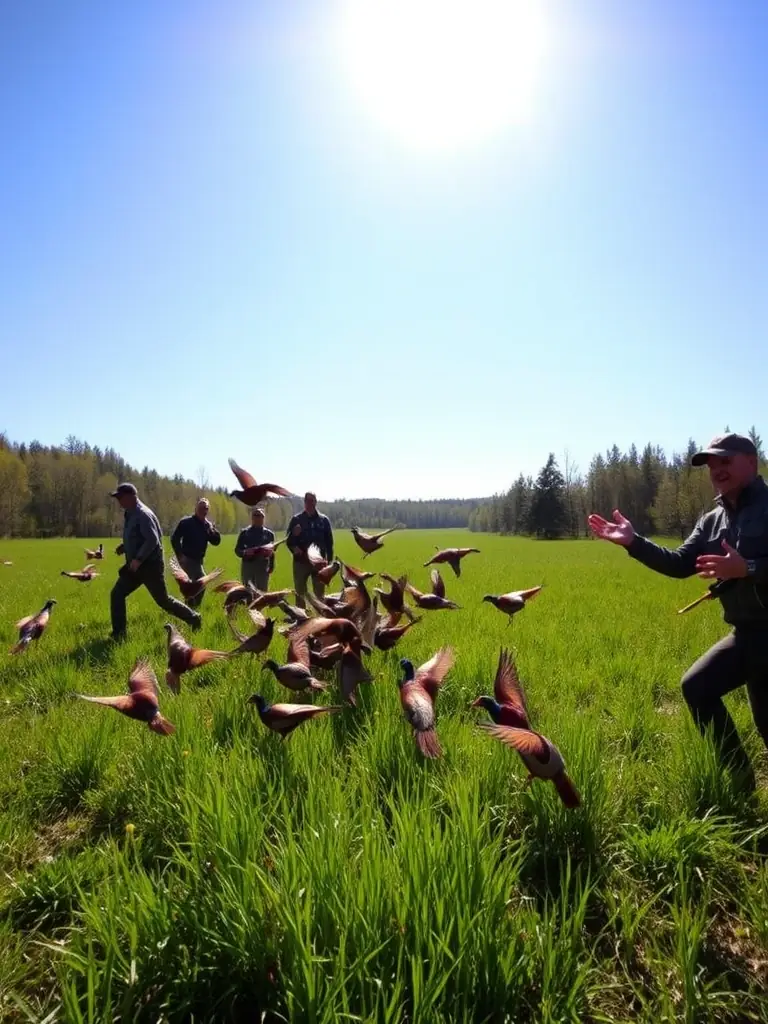 A photograph showing association members releasing pheasants into a managed habitat, with a focus on the birds taking flight and the natural environment.