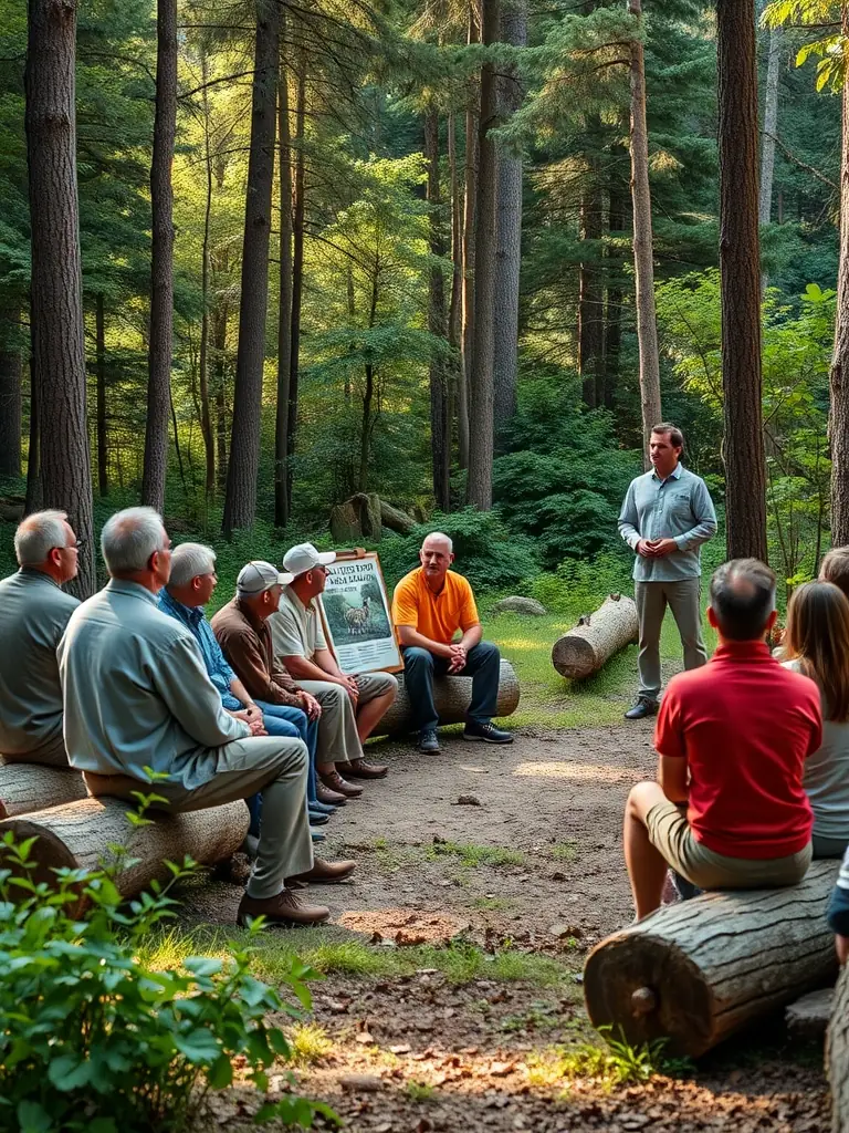 A photograph of a group of children and adults participating in a workshop on responsible hunting practices, led by members of ASSOCIATION COMMUNALE DE CHASSE AGREEE DE GOURDIEGES.
